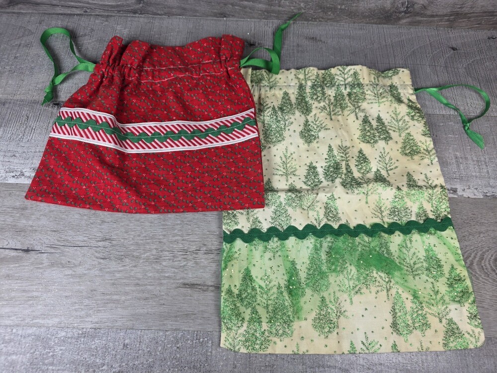 Set of 2 Handmade Fabric Christmas Bags Holiday Drawstring Totes Sack Gift g40